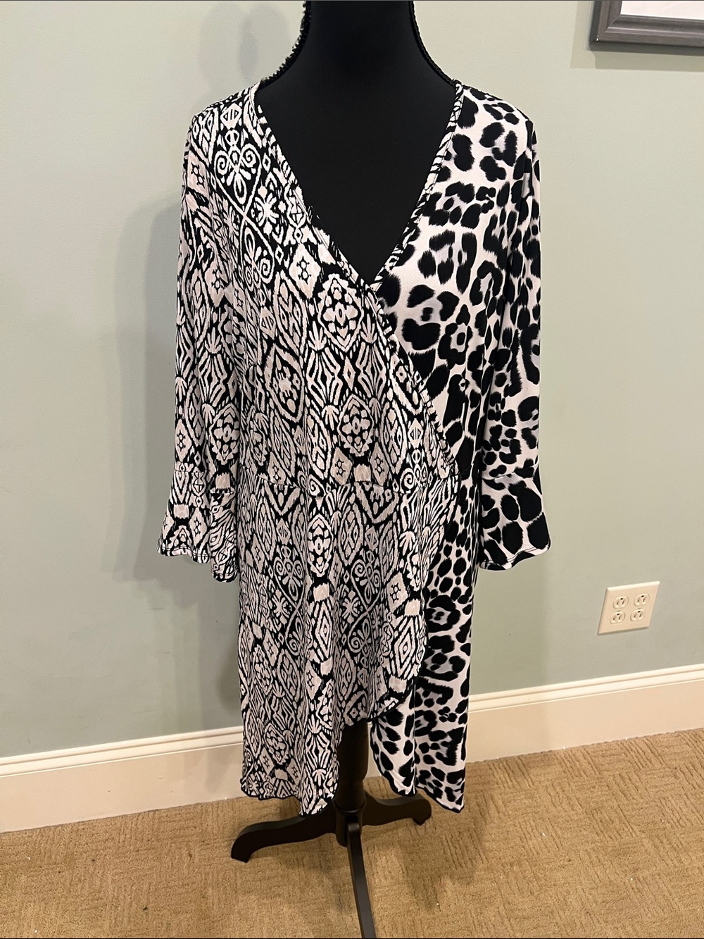 Cato Black & White Mixed Print Asymmetrical Wrap Dress